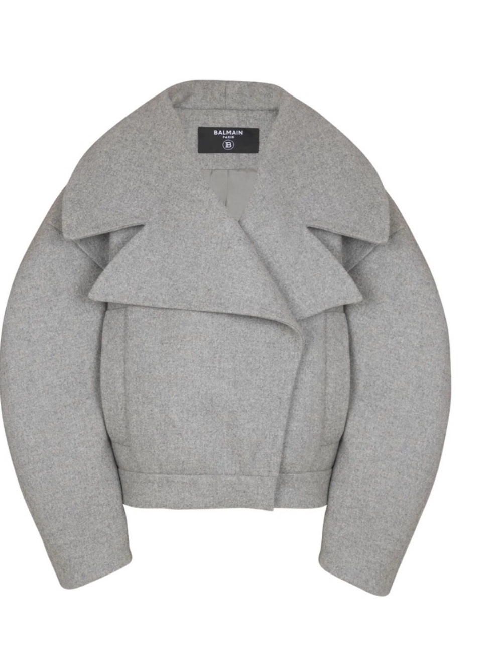 Balmain Gray Wool Oversized Collar Cropped Pea Coat